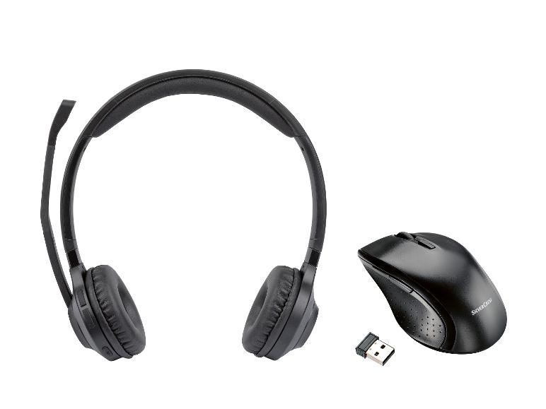 Schwarzes kabelloses Headset mit Mikrofon und kabellose Maus mit USB-Empfänger.