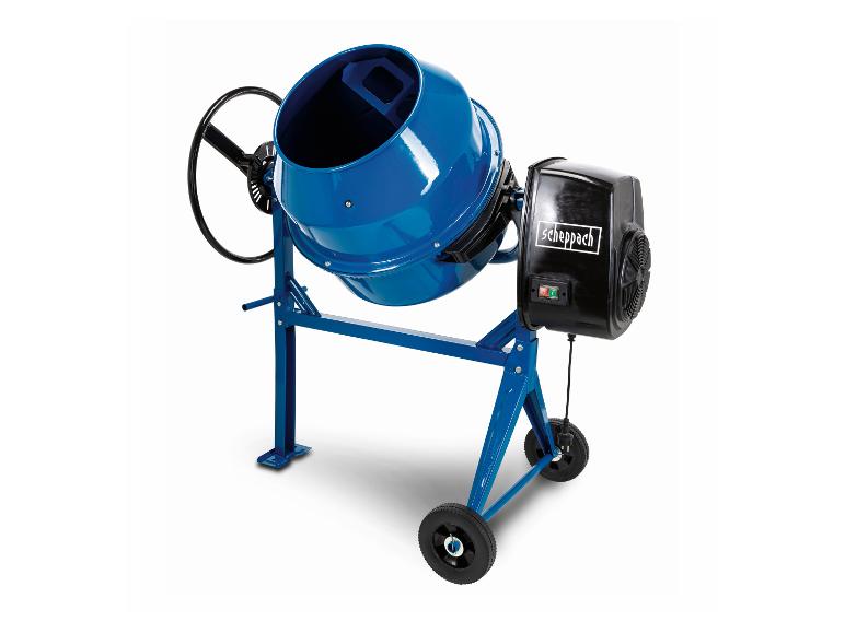 Blauer Scheppach Betonmischer mit schwarzer Trommel und Rädern.