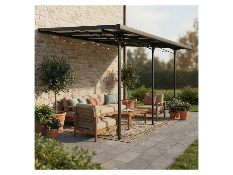 Terrassenpergola mit Lichterketten, Outdoor-Sofa, Sesseln und Topfpflanzen.