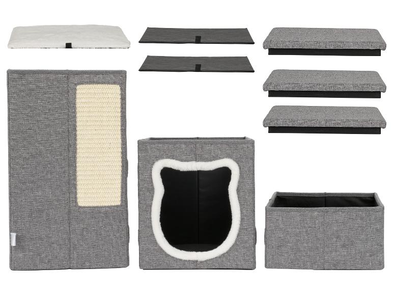 Modulares graues Katzenmöbel mit Katzenhöhle, Kratzfläche und Kissen.
