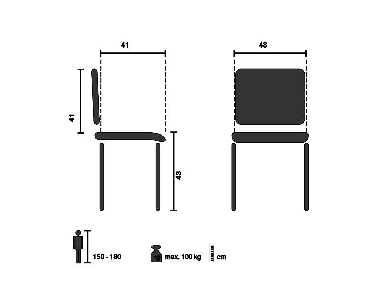Stuhlmaße: 41 cm Rückenlehne, 43 cm Sitzhöhe, 48 cm Breite; max. 100 kg Belastung.