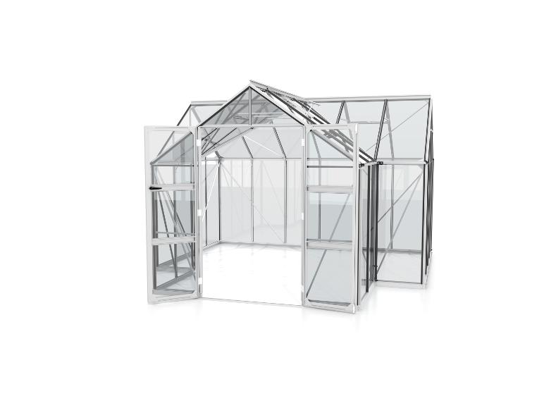 Gläsernes Garten-Gewächshaus mit Aluminiumrahmen und offenen Türen.