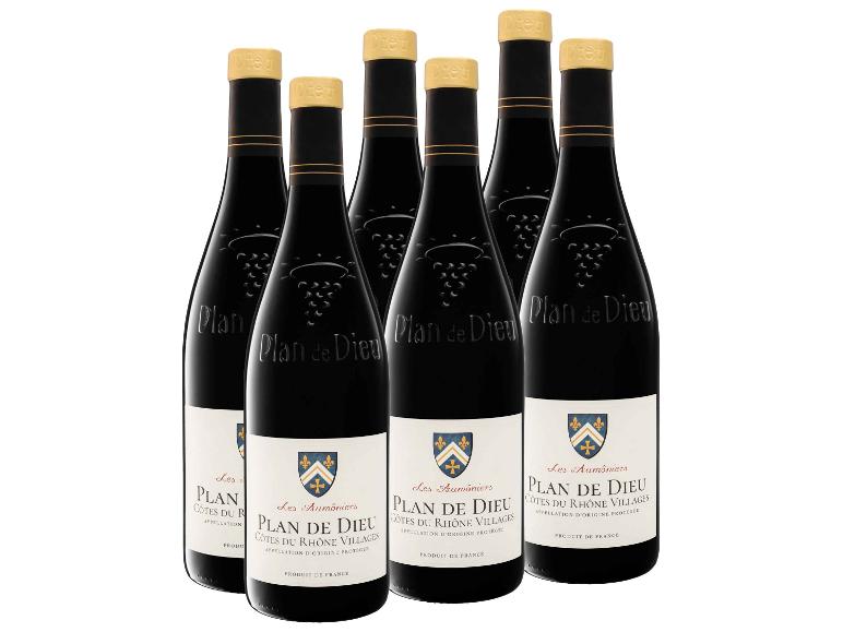 Sechs Flaschen Rotwein 'Plan de Dieu Côtes du Rhône Villages' mit weißen Etiketten.