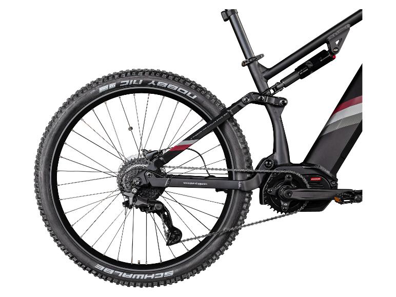 Schwarzes vollgefedertes E-Mountainbike mit Schwalbe-Reifen.