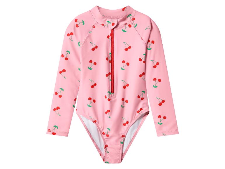 Rosa langärmeliger Kinderbadeanzug mit Kirschmuster.