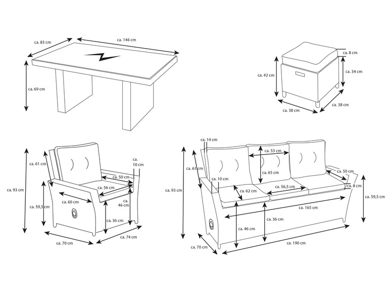 Eine Skizze eines Gartenmöbelsets mit einem Sofa, zwei Sesseln und einem Tisch.