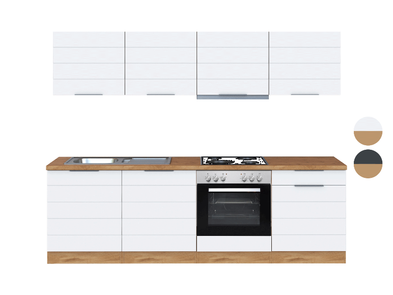 Weiße Küche mit Holztheke und Einbaugeräten.