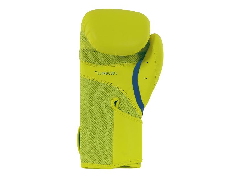 Neongrüner Boxhandschuh mit „CLIMACOOL“-Schriftzug und blauem Streifen.