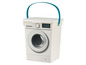 Ein weißer Wäschekorb mit einem blauen Griff, der wie eine Waschmaschine aussieht.