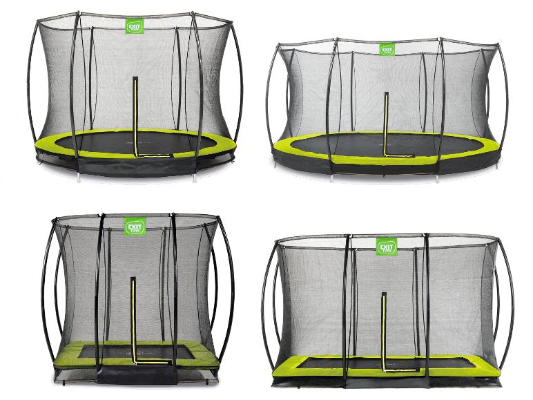 Vier Trampoline mit Sicherheitsnetz, zwei runde und zwei rechteckige, mit grünen Details.