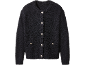 Schwarze Strickjacke mit langen Ärmeln und silbernen Knöpfen.
