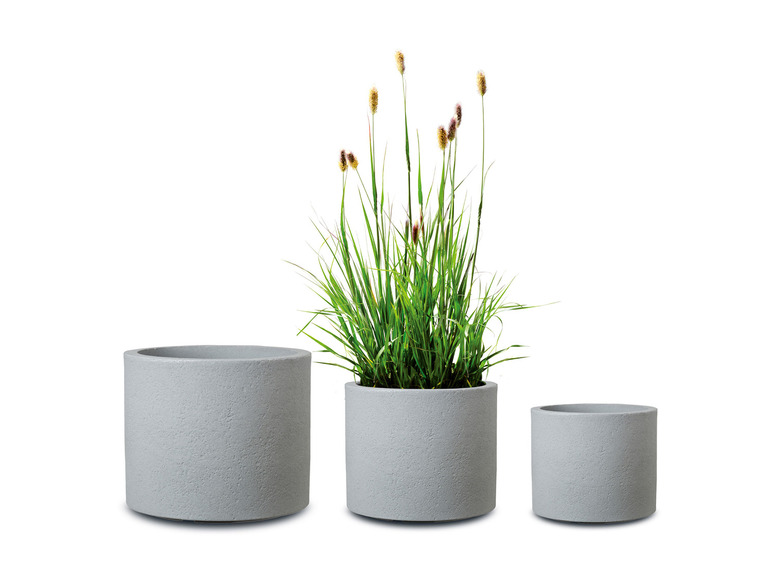 Drei runde, graue Blumentöpfe, einer mit Gras.