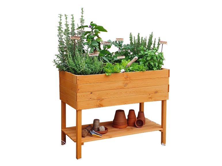 Kräuter, Salat und Basilikum in einem hölzernen Hochbeet.