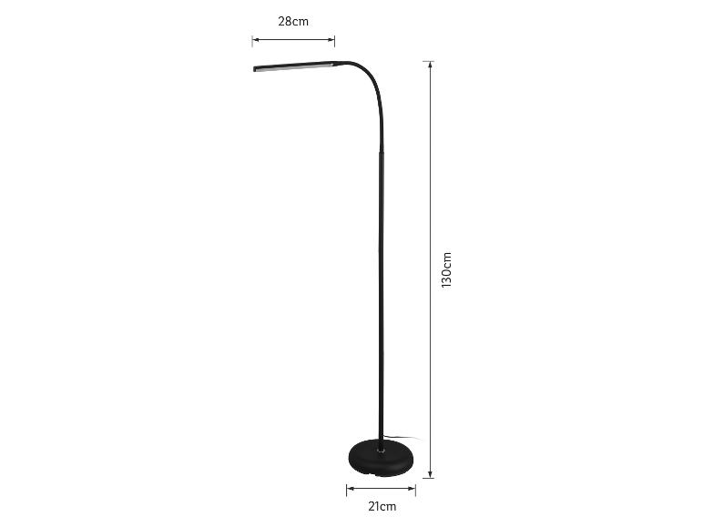 Schwarze LED-Stehleuchte mit einer Höhe von 130 cm und einem Lampenkopf von 28 cm.