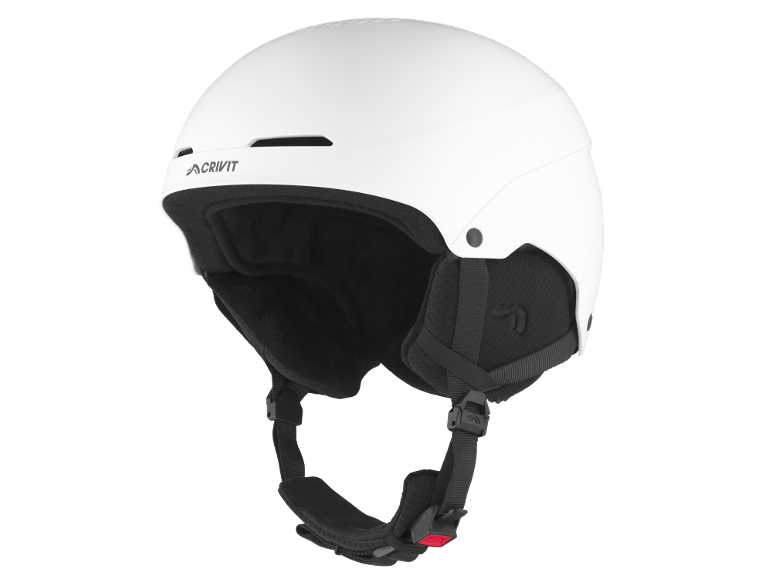 Weißer Skihelm mit schwarzem Kinnriemen und Innenfutter