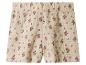 Hellbeige Shorts mit kleinem lila Blumenmuster und elastischem Bund.
