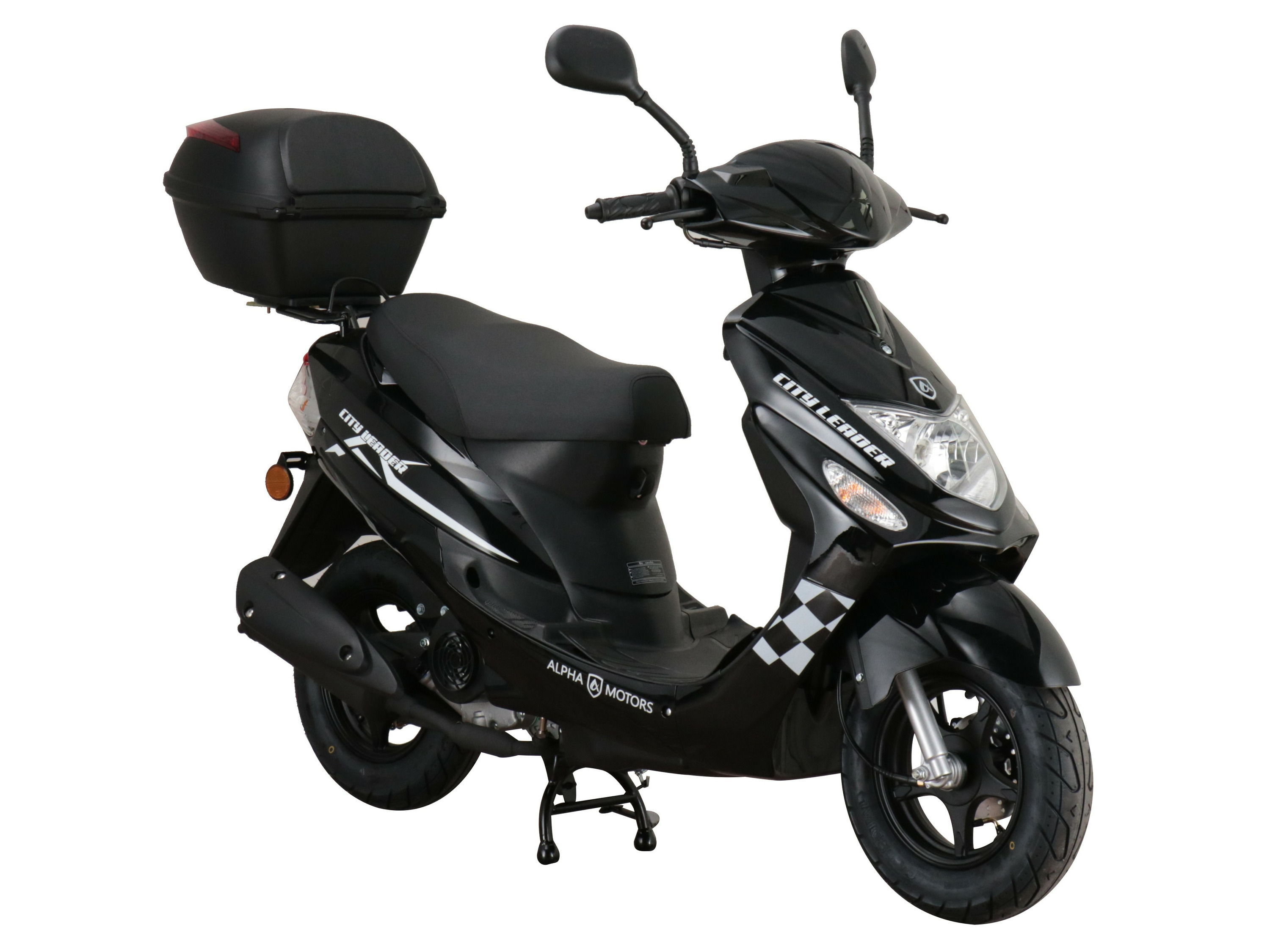 Alpha Motors Motorroller CityLeader 50 ccm EURO 5 inkl. Topcase (Schwarz, 45 km/h)““ | Leistung 45 km/h: 2,2 kW / 2,99 PS Viertaktmotor mit moderner Kraftstoffeinspritzung EFI Verbrauch 25 km/h: ca. 2,8 l/100 km