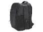Schwarzer Rucksack mit Reißverschlüssen und Griffen, Seitenansicht.