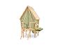 Spielhaus aus Holz mit grünem Zelt und Matschküche mit Utensilien