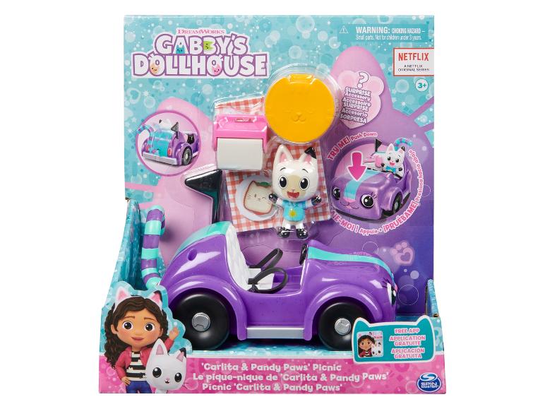 Gabby's Dollhouse Carlita & Pandy Paws' Picknick-Spielset mit lila Auto und Figuren.