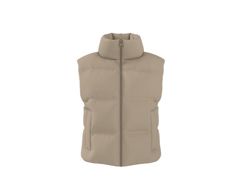 Beige Pufferweste mit Stehkragen und Reißverschluss, Vorderansicht.