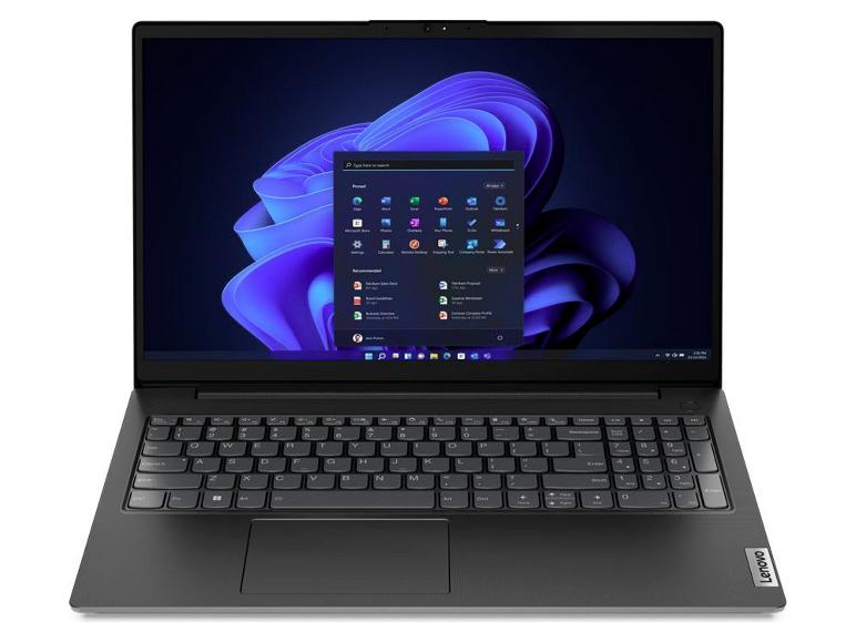 Offener Laptop mit dunklem Hintergrund und Windows-Menü auf dem Bildschirm