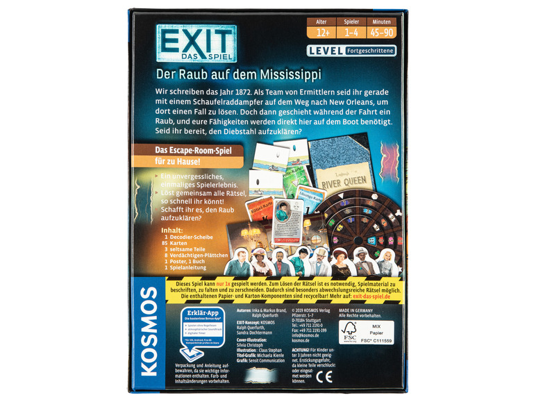 Das Brettspiel EXIT: Der Raub auf dem Mississippi von Kosmos mit einer Decodierscheibe, Karten und Figuren.