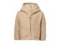Beige Kinder-Kapuzenjacke mit Reißverschluss, aus weichem, wolligem Stoff.