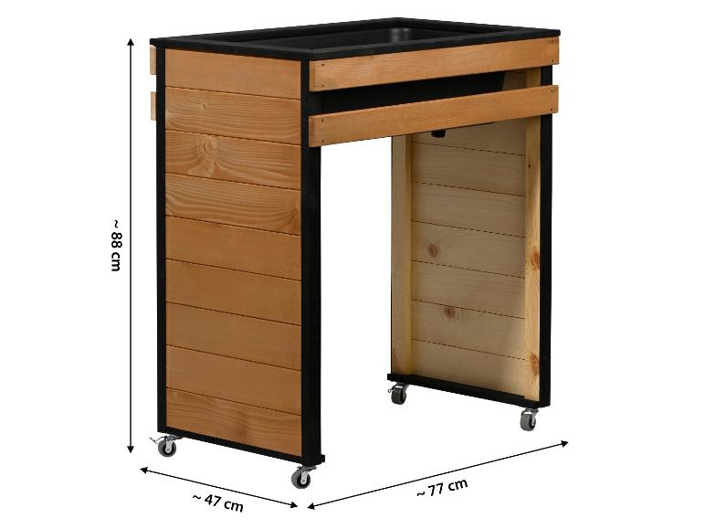 Hochbeet aus Holz auf Rollen, 88 cm hoch, 47 cm tief und 77 cm breit.