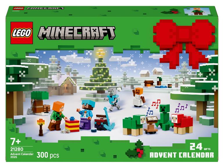 LEGO Minecraft Adventskalender 2025 Box mit 300 Teilen und 24 Geschenken.