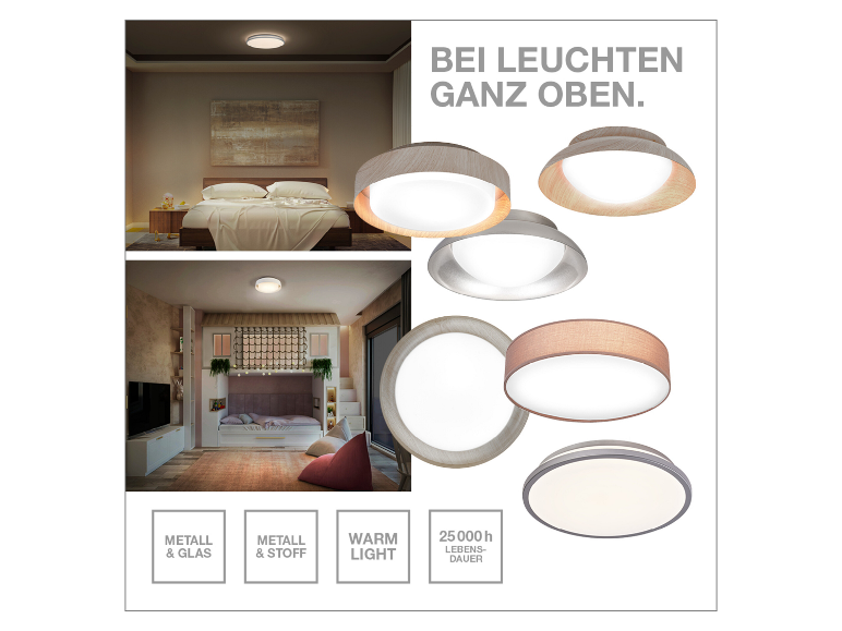 Deckenleuchten in verschiedenen Stilen, aus Metall, Glas und Stoff, mit warmem Licht und 25000h Lebensdauer.