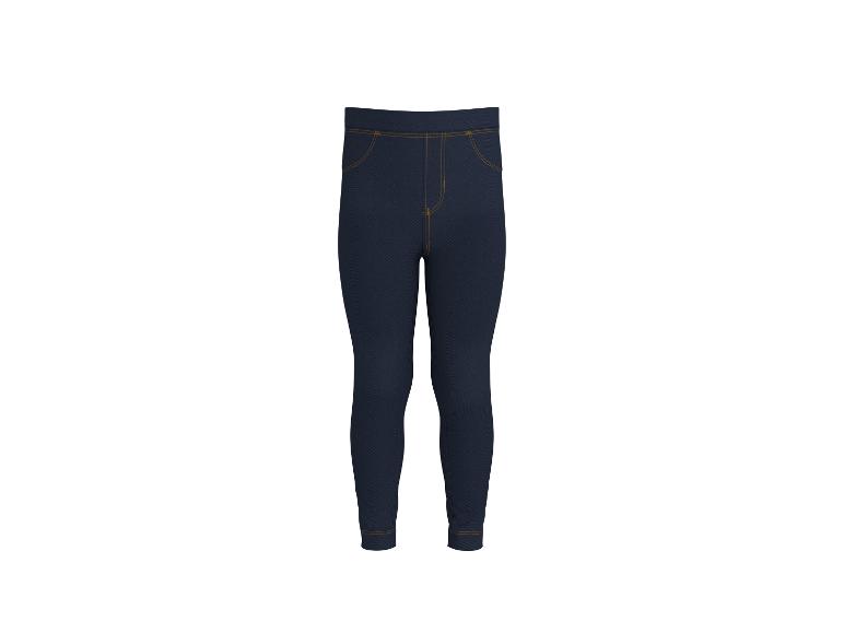 Dunkelblaue Jeans-Leggings mit orangefarbenen Nähten.