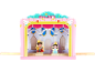 Puppentheater aus Holz mit Schlosskulisse, einem Prinzen und einer Prinzessin