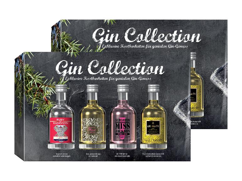 Gin-Kollektion mit vier kleinen Flaschen exotischer, blumiger, pinker und Mate-aromatisierter Gins.