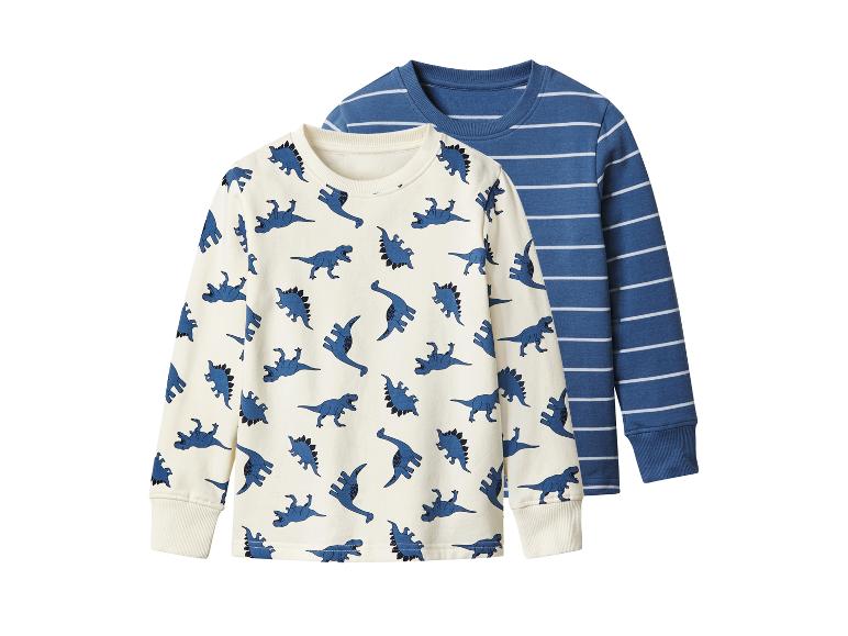 Zwei langärmelige Kinder-Shirts, eines mit blau-weißen Streifen, das andere mit blauen Dinosauriern auf cremefarbenem Hintergrund.