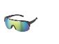 Schwarze Sonnenbrille mit blauen und gelben verspiegelten Gläsern.
