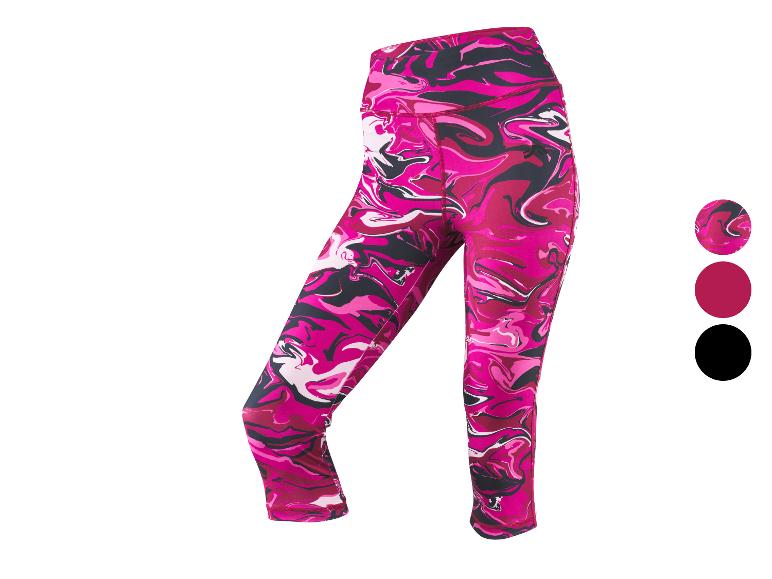 Damen 3/4 Leggings mit rosa Marmormuster und drei Farbmustern.