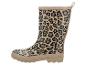 Beige Gummistiefel mit Leopardenmuster und Kunstfellfutter.