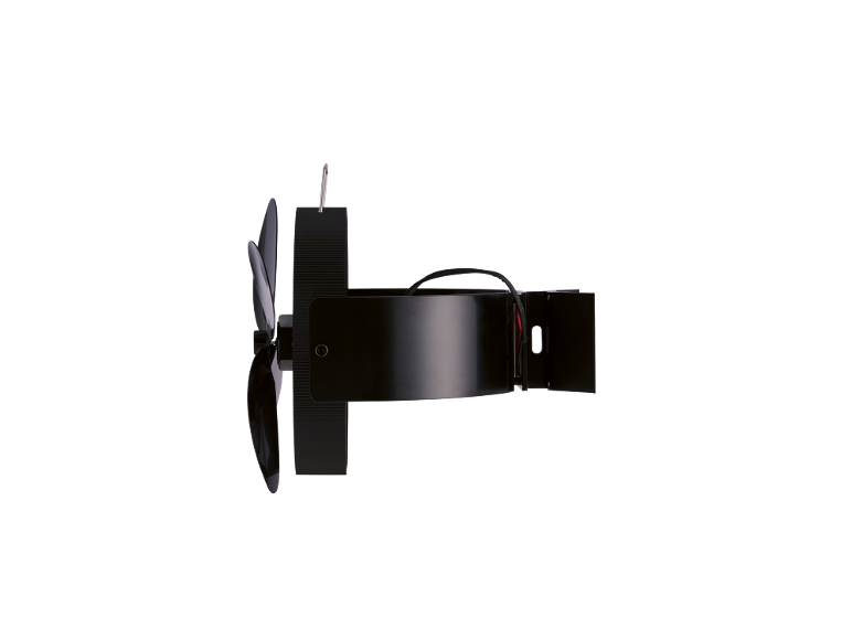 Schwarzer Holzofenventilator mit 3 Flügeln, Seitenansicht