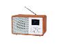 Digitalradio aus Holz mit Bildschirm, der Uhrzeit und Künstlernamen anzeigt.