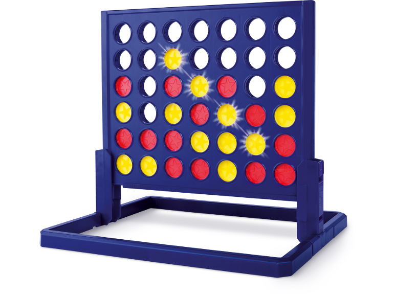 Blaues Vier-gewinnt-Brettspiel mit gelben und roten Spielsteinen, einige leuchtend.