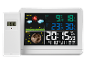 Digitale Wetterstation mit Außensensor zeigt Temperatur, Luftfeuchtigkeit, Vorhersage, Mondphase und Uhrzeit an.