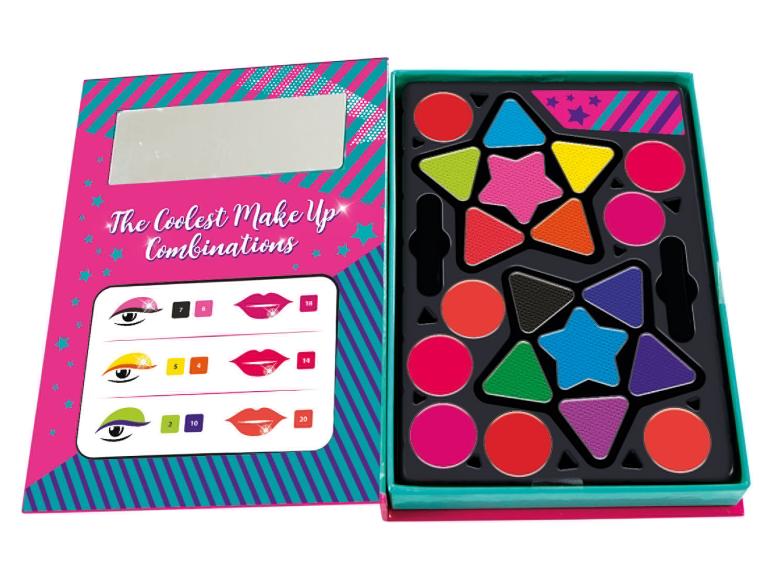 Ein Make-up-Set mit Lidschatten, Lippenstift und Spiegel.