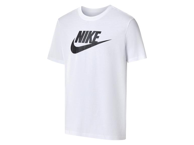 Weißes Kurzarm-T-Shirt mit schwarzem Nike-Logo auf der Brust.
