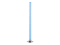 Blaue Blasenlampe mit schimmernden Partikeln auf rundem Metallsockel.
