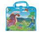 Blaue Tasche mit Griff und Dinosaurier-Zeichnung in prähistorischer Landschaft.