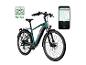Grünes Elektrofahrrad mit Smartphone, das eine Navigations-App und Fahrdaten anzeigt.