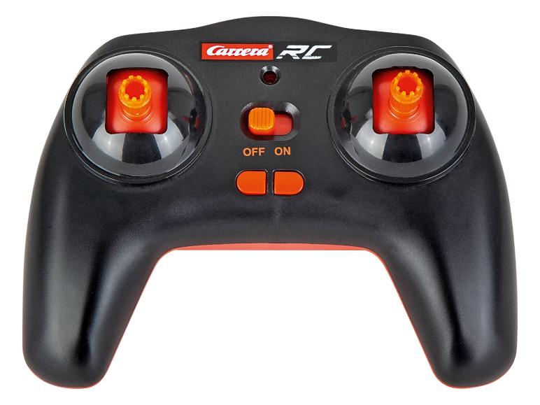 Schwarze Carrera RC Fernbedienung mit orangefarbenen Tasten und Joysticks.
