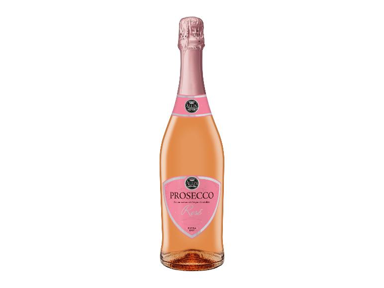 Flasche Prosecco Rosé Extra Dry mit rosa Etikett.