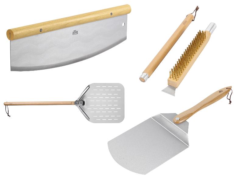 Pizzaschneider, Pizzaschieber, Grillbürste und Spatel mit Holzgriffen.